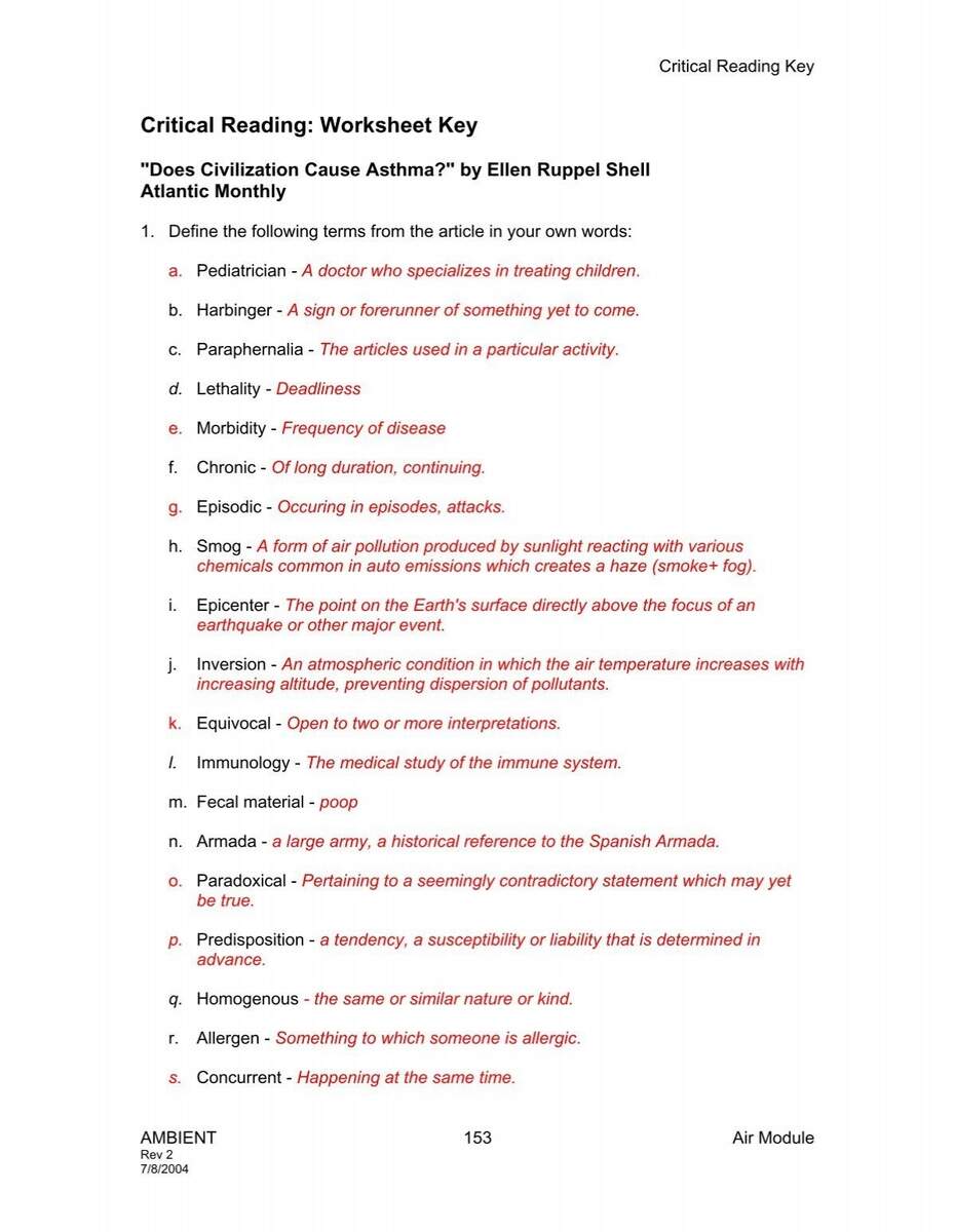 Critical Reading Worksheet Key Critical Reading Worksheet Key