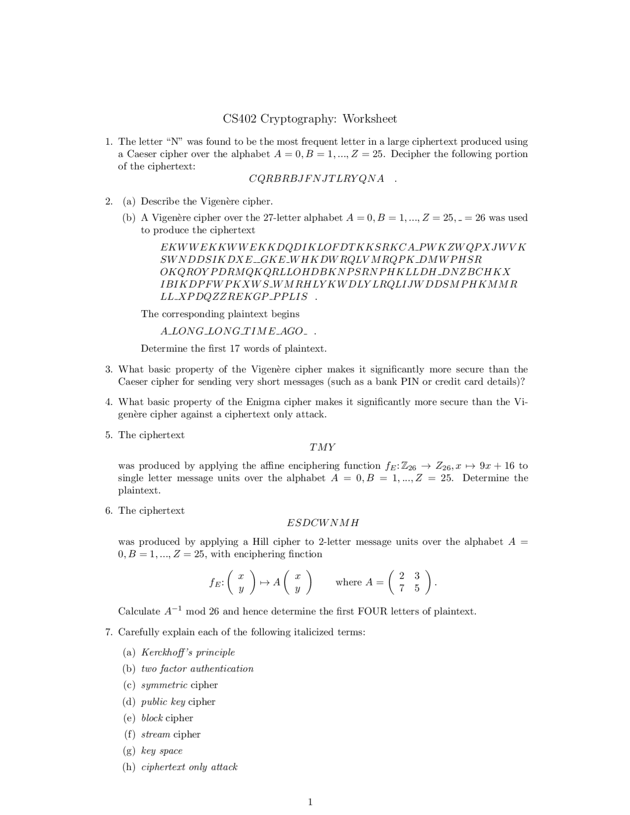 CS402 Cryptography Worksheet Exercises Cryptography And System Security Docsity CS402 Cryptography Worksheet Exercises Cryptography And System Security Docsity