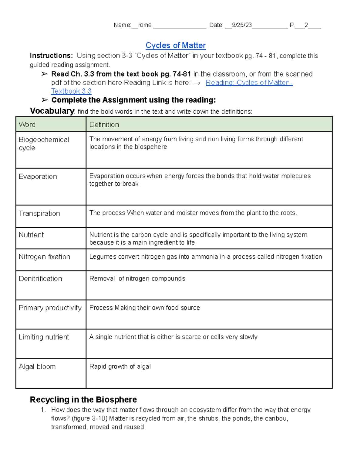 Cycles Of Matter Guided Reading For Ch 3 3 Copy Studocu
