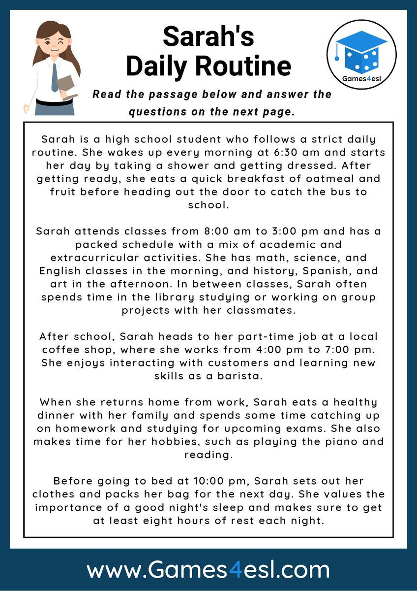 Daily Routine Reading Comprehension Worksheet Games4esl Daily Routines