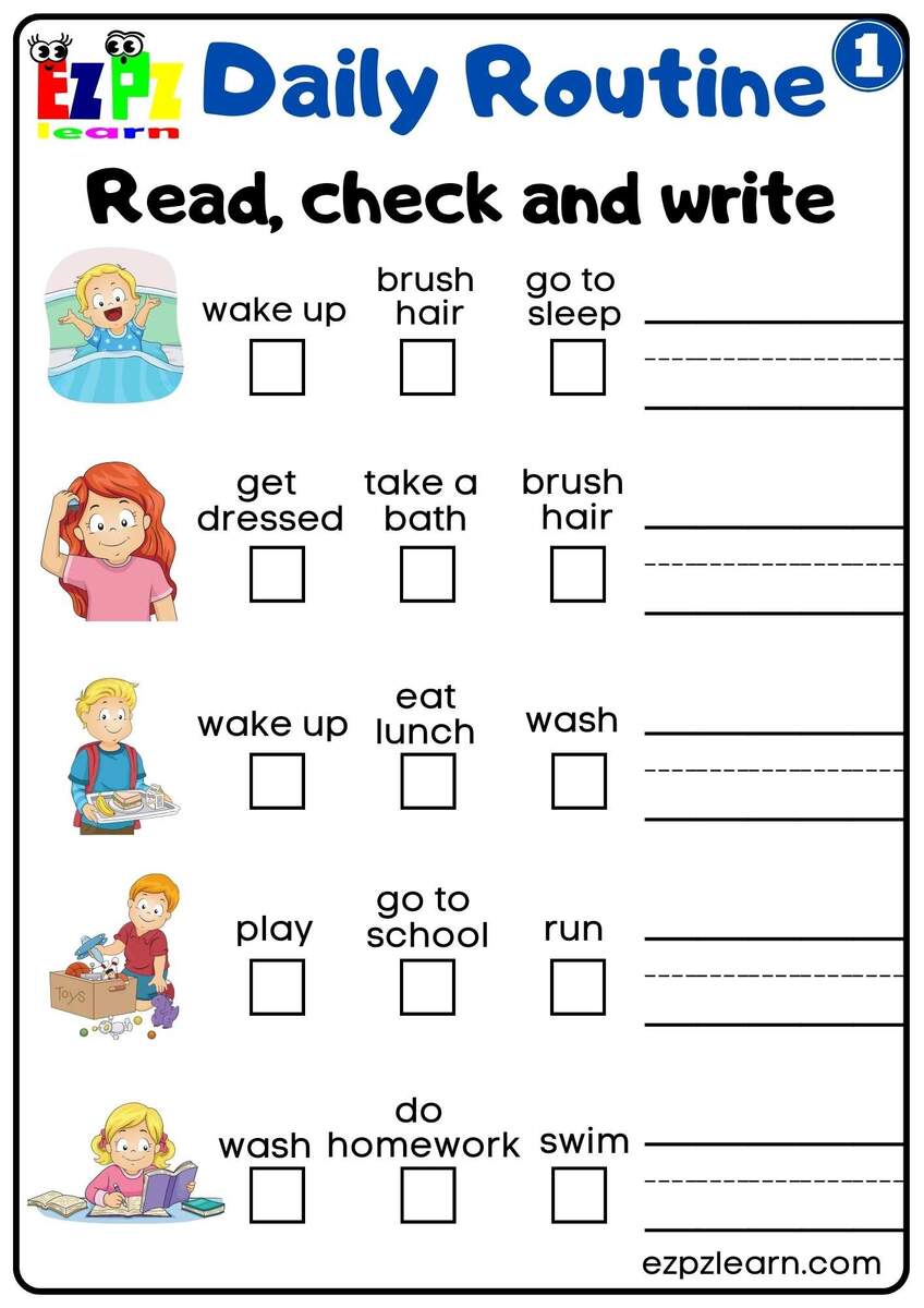 Daily Routines Group 1 Read Check And Write Worksheet For K5 And ESL Students Free PDF Download Ezpzlearn Daily Routines Group 1 Read Check And Write Worksheet For K5 And ESL Students Free PDF Download Ezpzlearn