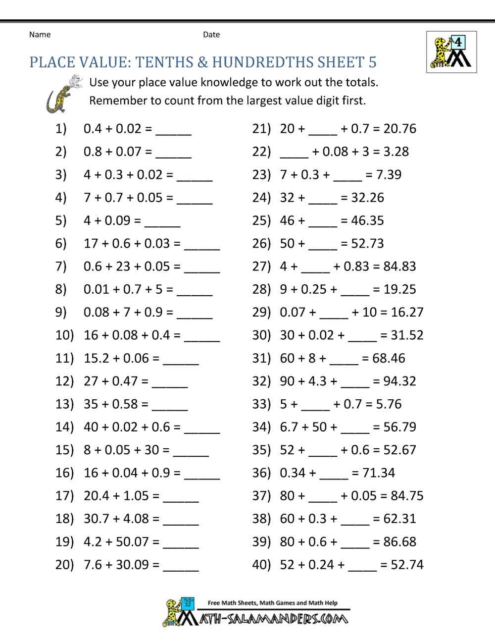 Decimal Place Value Worksheets 4th Grade Comparing Decimals Tenths Hundredths Worksheets Top Teacher