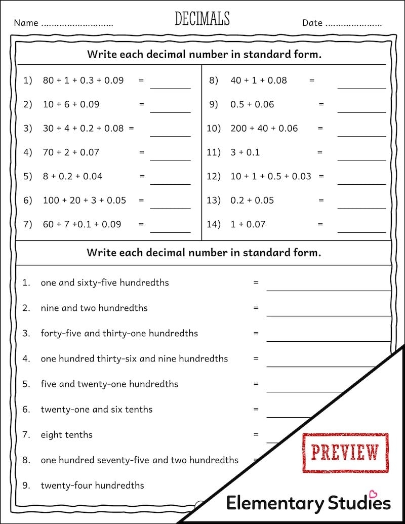 Decimal Worksheets Tenths And Hundredths Elementary Studies Decimal Worksheets Tenths And Hundredths Elementary Studies