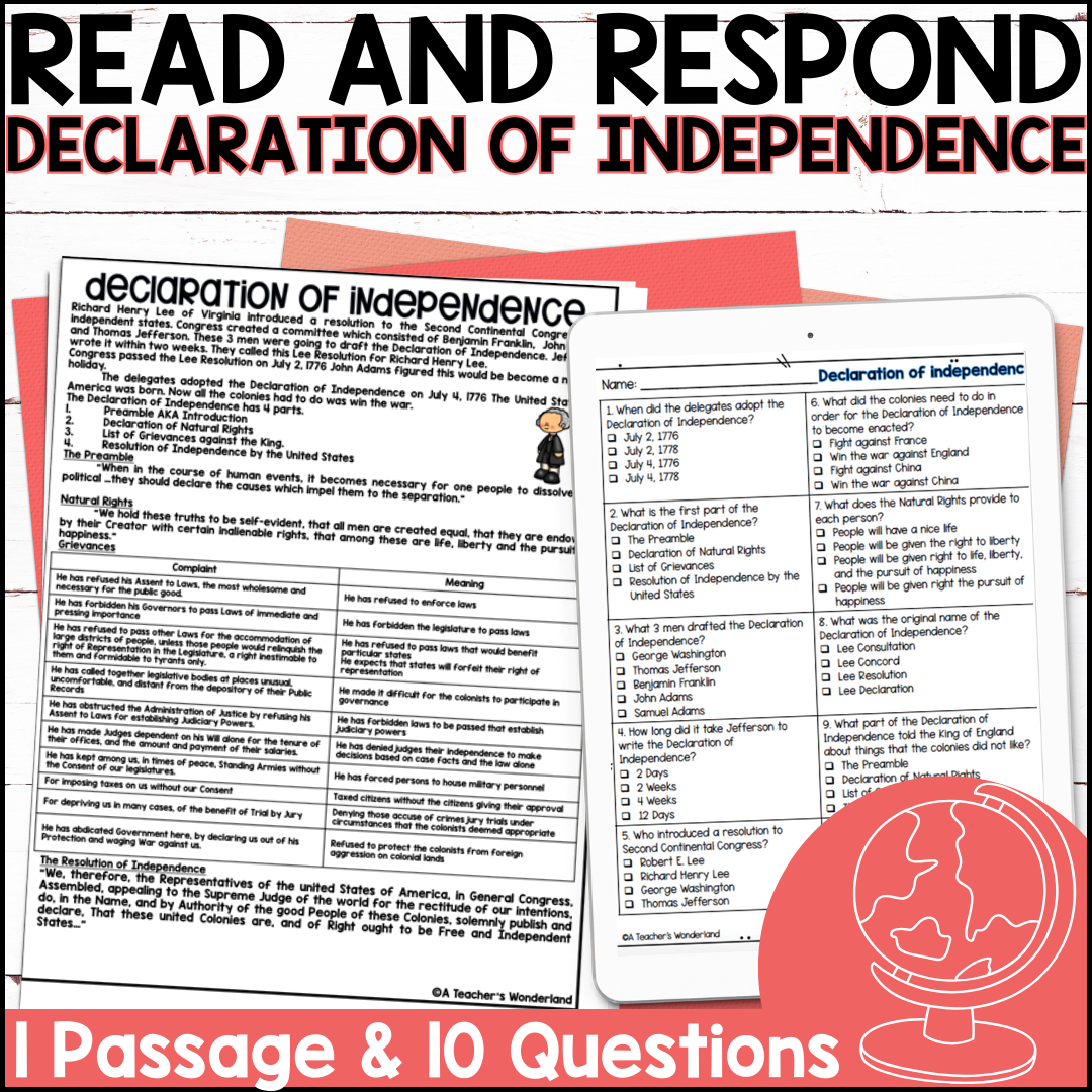 Declaration Of Independence Reading Comprehension Questions History Centers A Teacher S Wonderland Declaration Of Independence Reading Comprehension Questions History Centers A Teacher S Wonderland