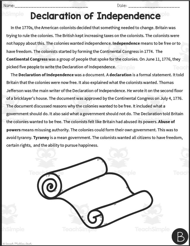 Declaration Of Independence Reading Packet Distance Learning By Teach Simple Declaration Of Independence Social Studies Reading Comprehension Passages K 2 Classful