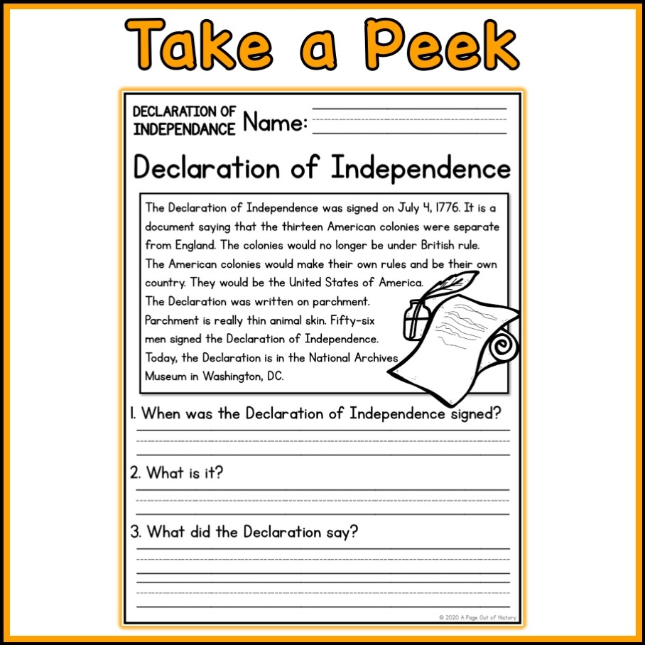 Declaration Of Independence Social Studies Reading Comprehension Passages K 2 Classful The Declaration Of Independence Quiz Reading Comprehension Questions Test Pack Classful
