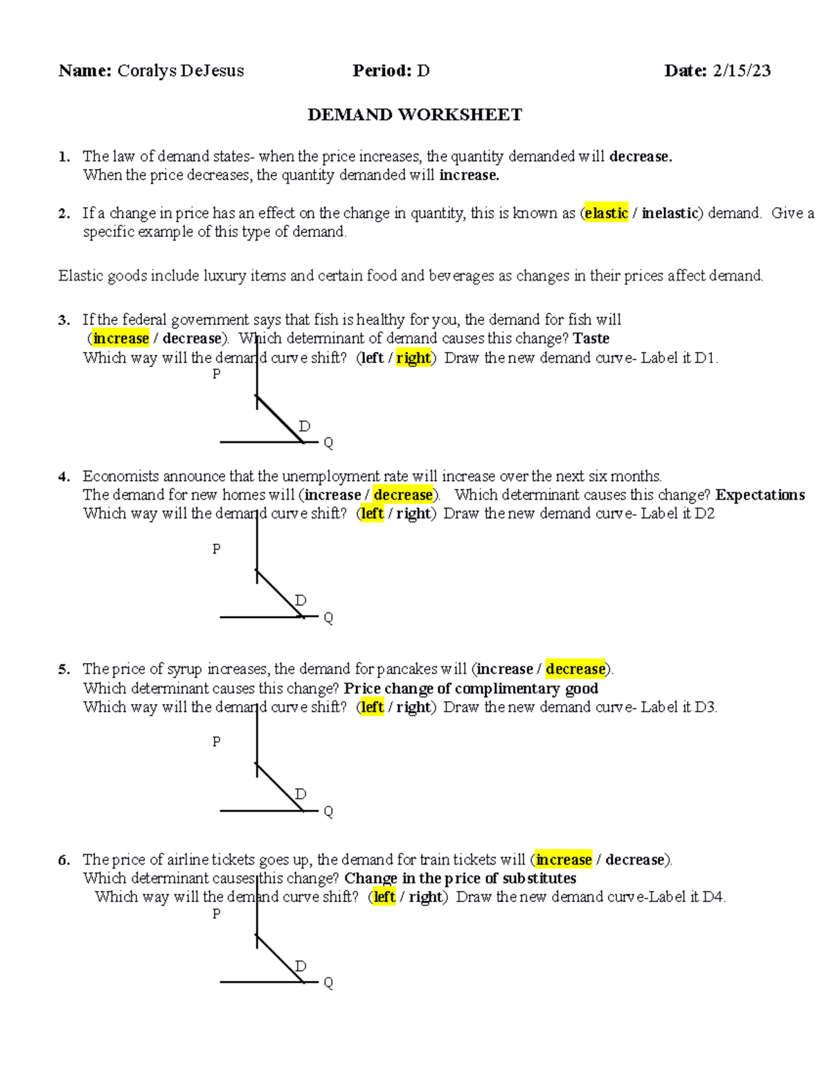 Demand Shift Worksheet 1 Understanding Demand Curves And Elasticity Studocu