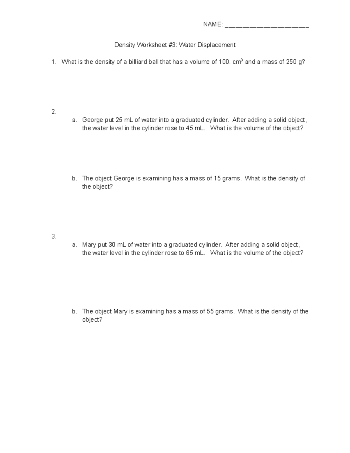 Density And Temperature Practice Worksheet 3 Water Displacement Studocu