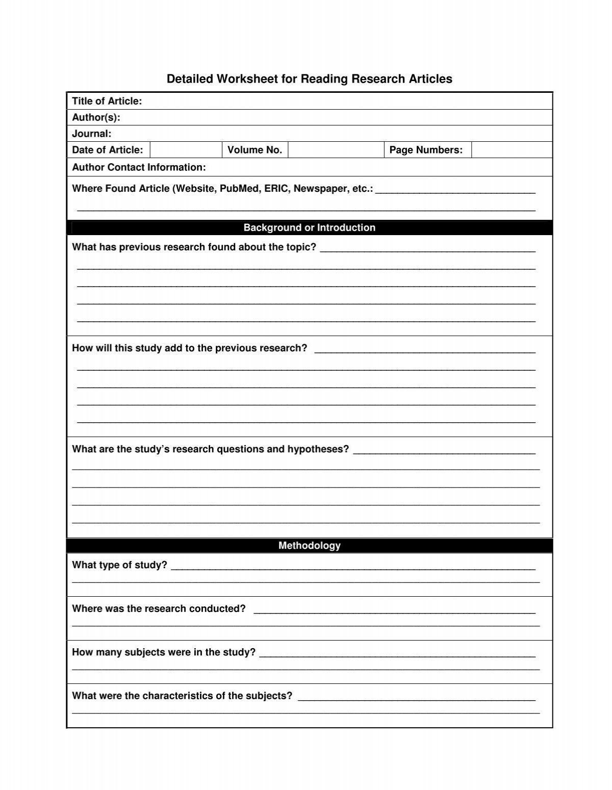 Detailed Worksheet For Reading Research Articles Organization For
