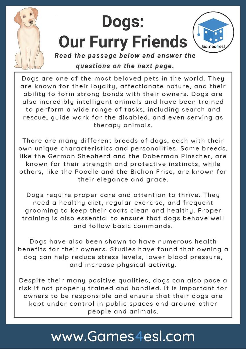 Dogs Reading Comprehension Worksheet Games4esl Reading Comprehension For Grade 2 Grade1to6