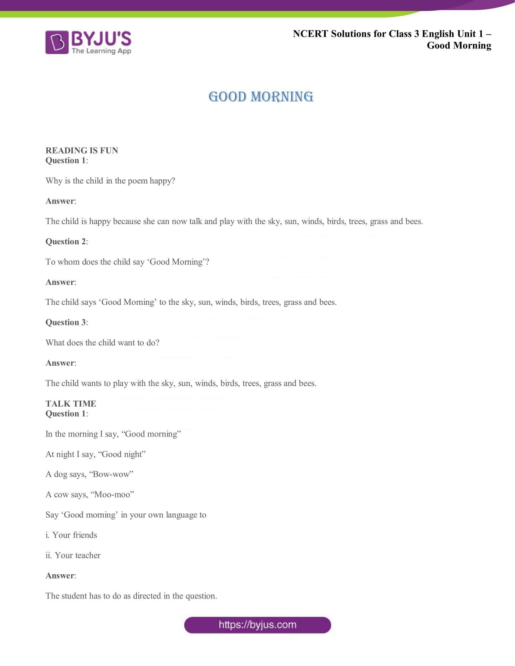 Download PDF Of NCERT Solutions For Class 3 English Unit 1 Good Morning Download PDF Of NCERT Solutions For Class 3 English Unit 1 Good Morning