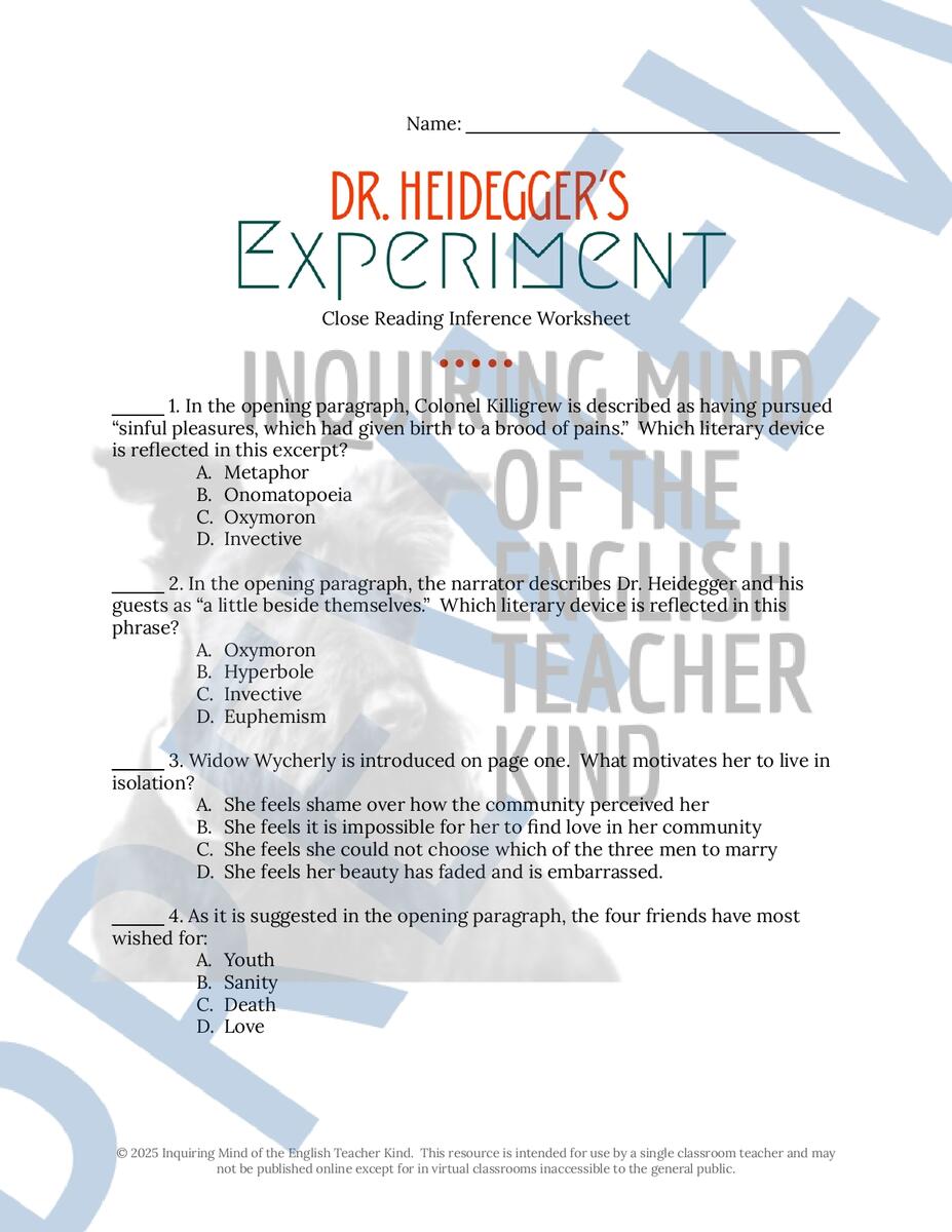 Dr Heidegger s Experiment By Nathaniel Hawthorne Close Reading Worksheet Made By Teachers