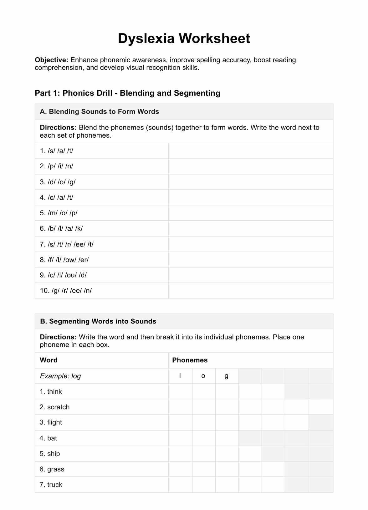 Dyslexia Worksheets