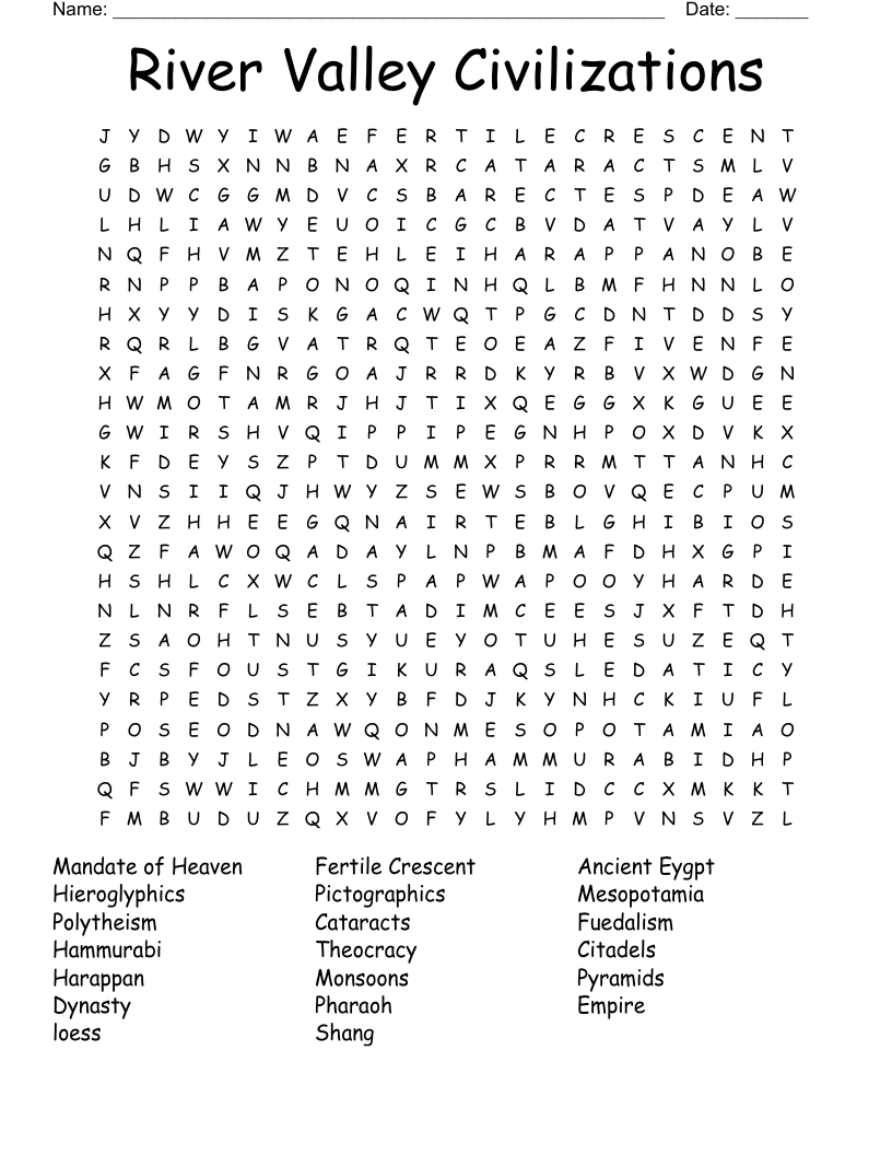 EARLY RIVER VALLEY CIVILIZATIONS Word Search WordMint