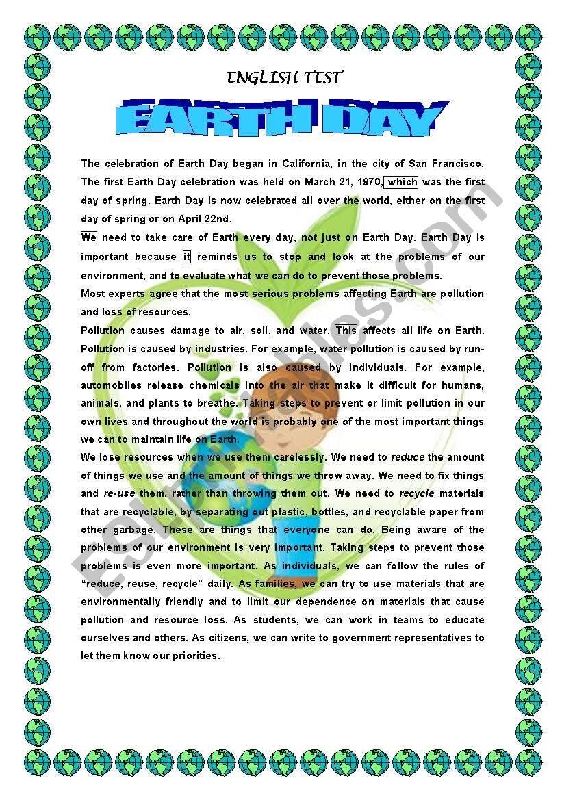 EARTH DAY READING COMPREHENSION ESL Worksheet By 1961Anucha
