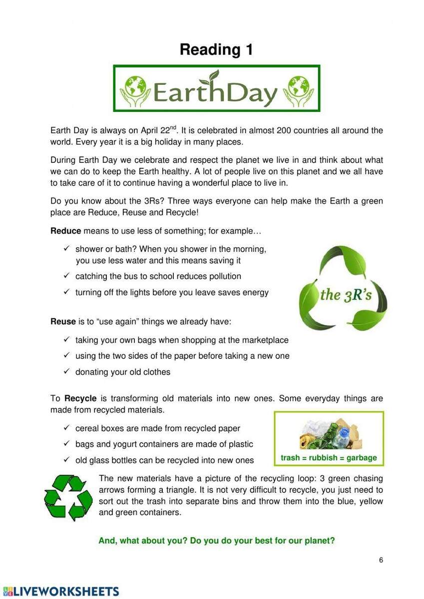 Earth Day Reading Worksheet Worksheets Library