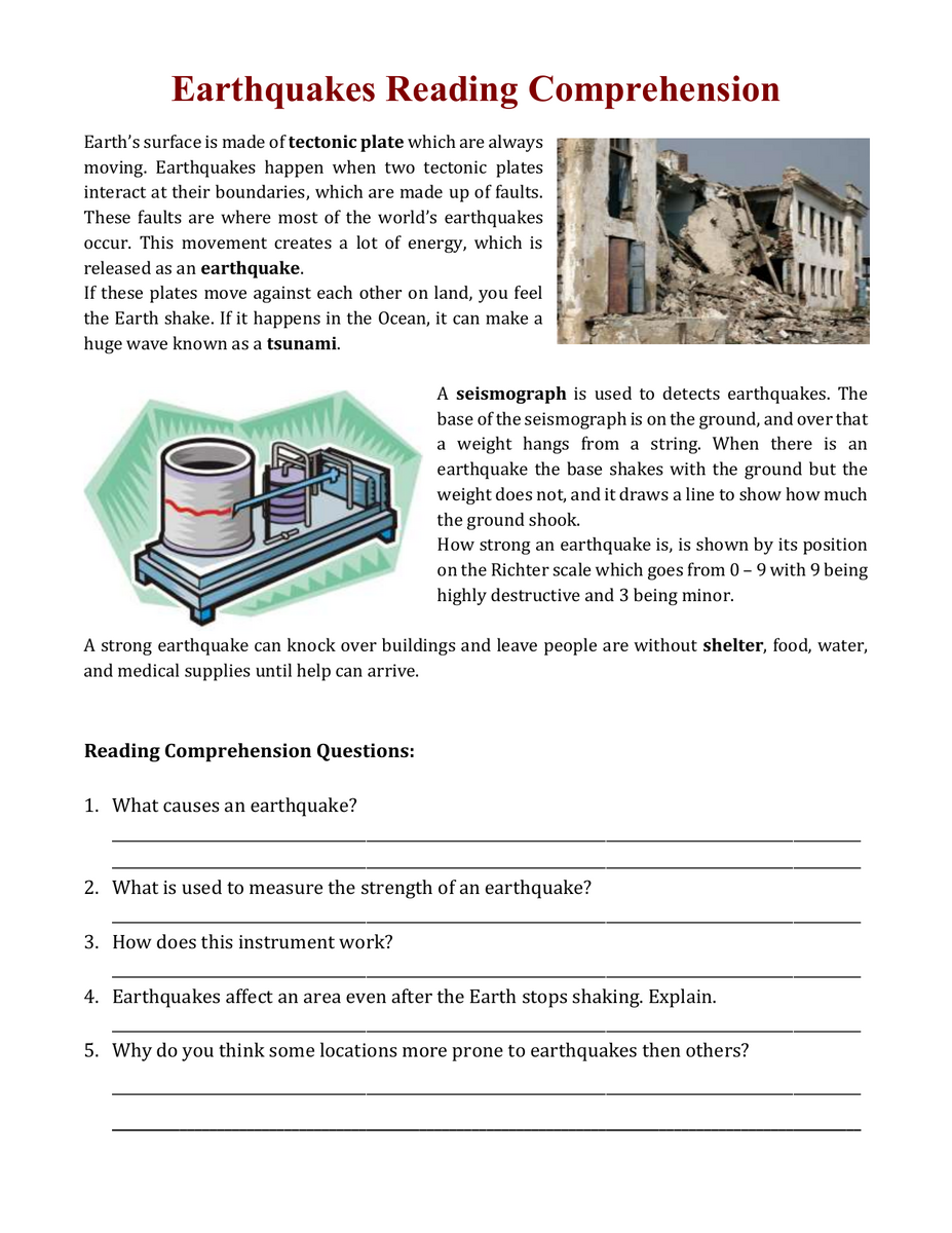 Earthquakes Reading Comprehension Worksheet Earthquakes Reading Comprehension Worksheet