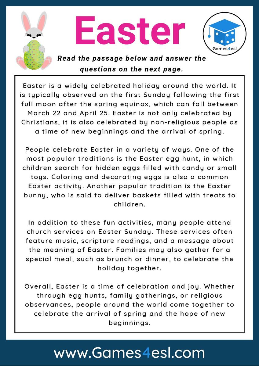 Easter Reading Comprehension Worksheet Games4esl Easter Bunny Color By Sight Word Worksheet Free Printable Digital PDF