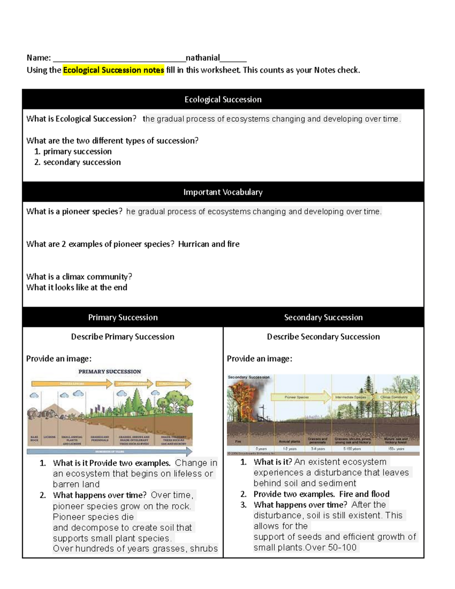 Ecological Succession Notes Worksheet Understanding Ecosystem Changes Studocu Ecological Succession Readings And Practice Bio 101 Studocu