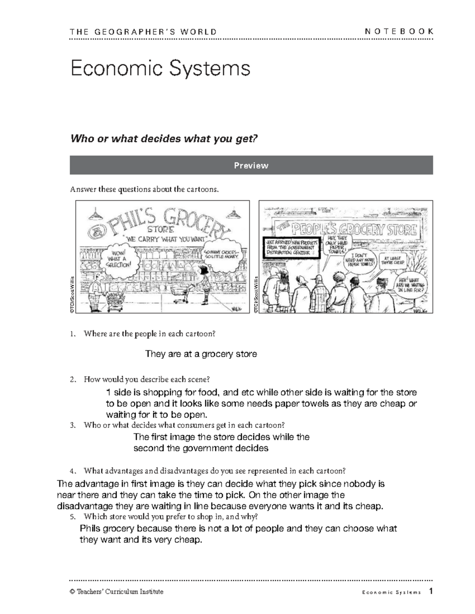 Economic Systems Student Worksheet Curriculum Institute Studocu