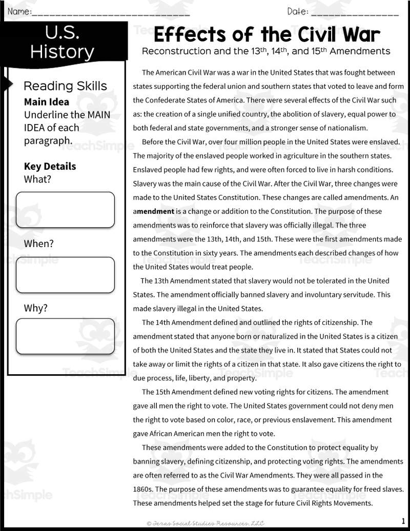 Effects Of The Civil War Reading Packet By Teach Simple Effects Of The Civil War Reading Packet By Teach Simple