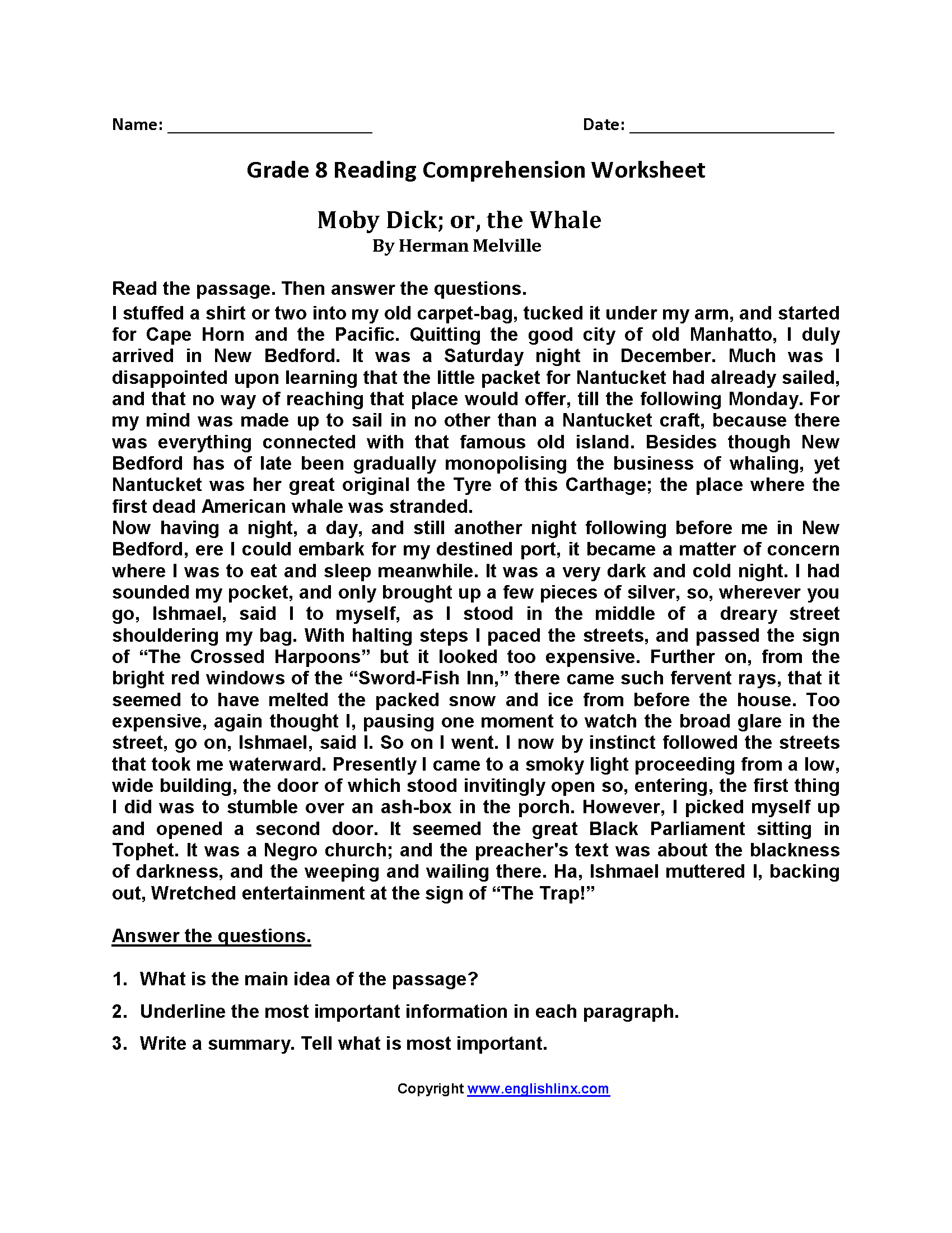 Eighth Grade Reading Worksheets Vocabulary Fluency Practice