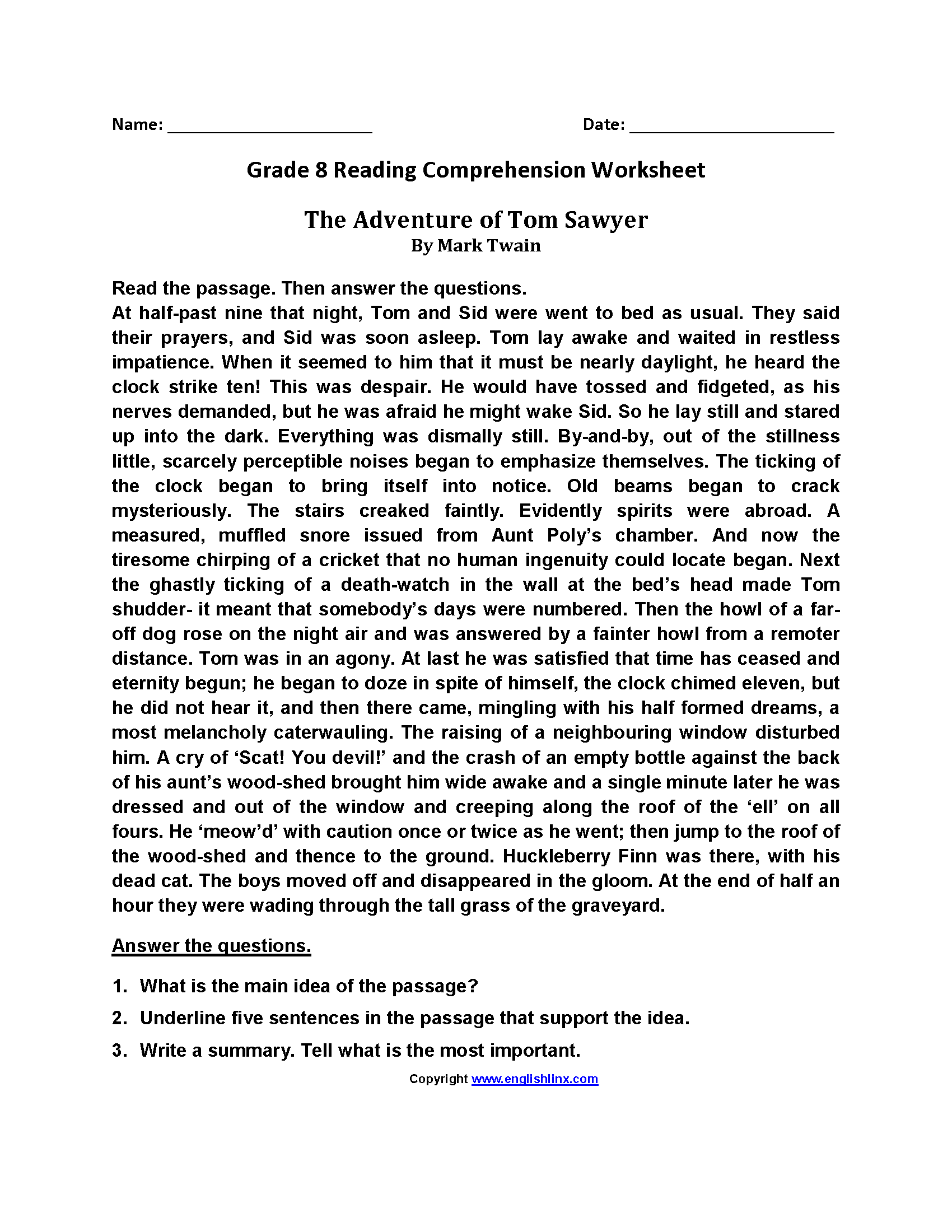 Eighth Grade Reading Comprehension Worksheets Passages Question Sets