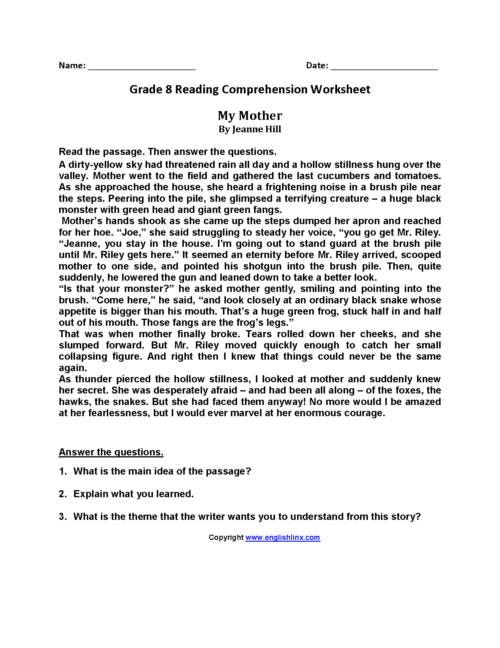 Eighth Grade Reading Worksheets Vocabulary Fluency Practice