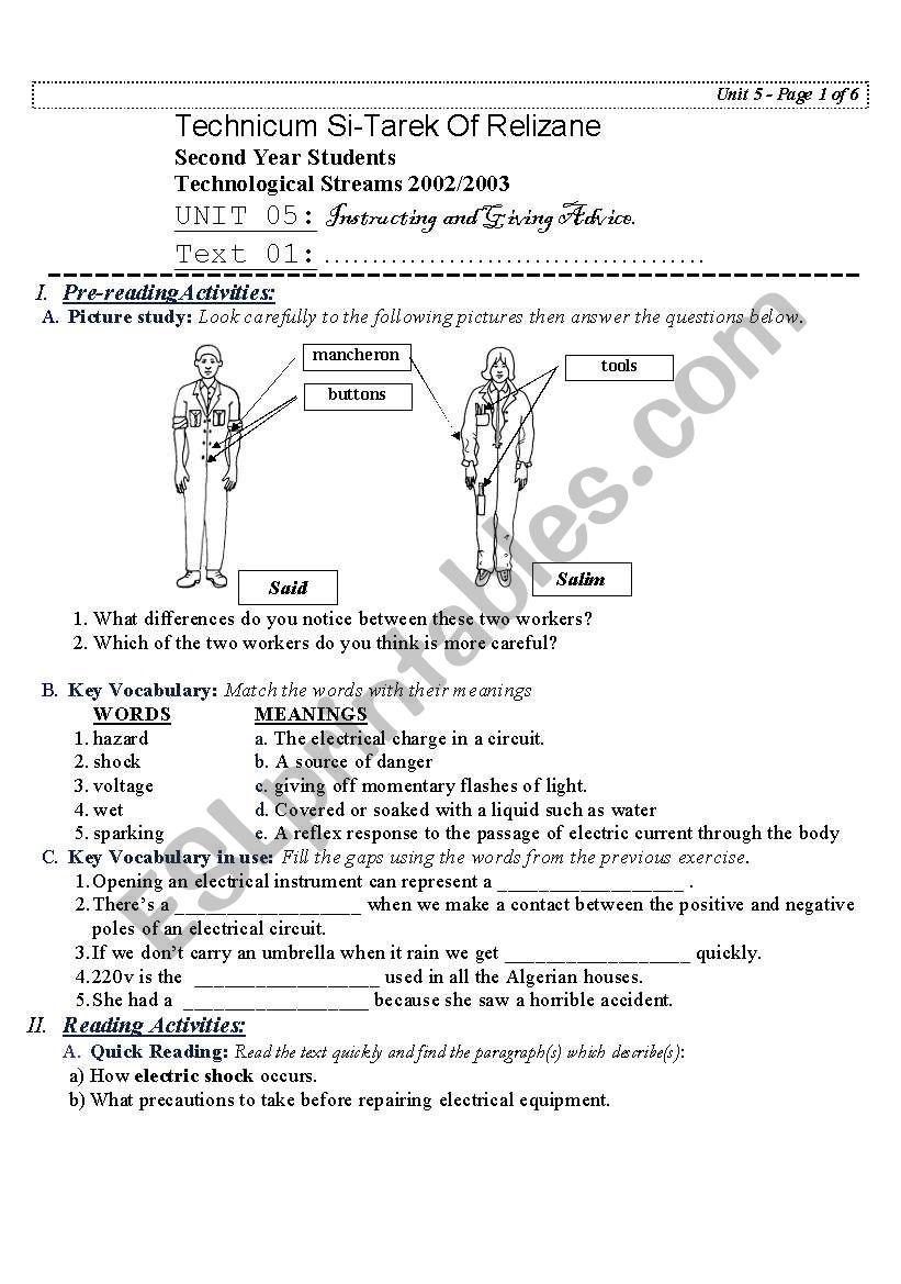 ELECTRICAL HAZARDS Author Bouabdellah ESL Worksheet By Goodnesses