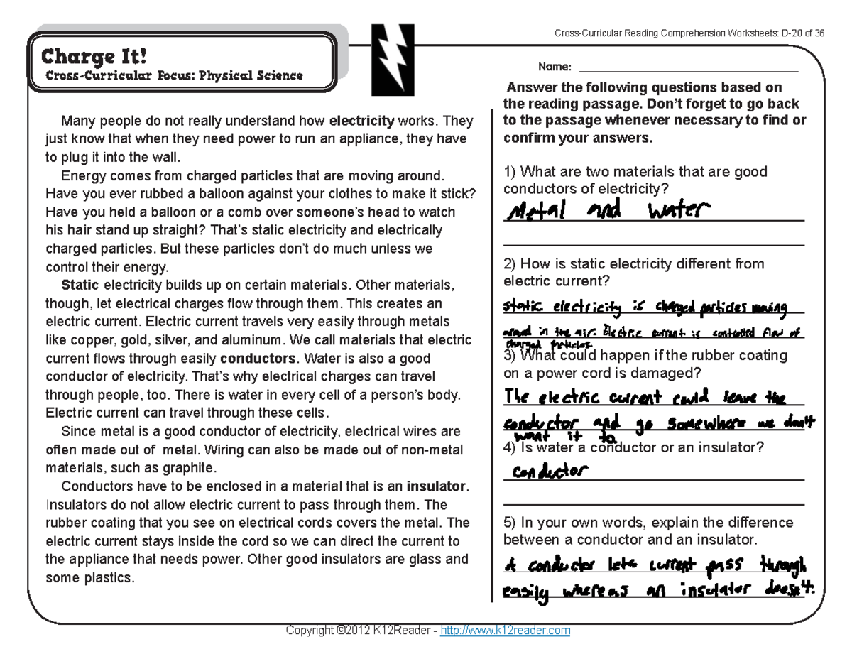 Electricity Reading Questions Comprehension Worksheet D 20 Studocu