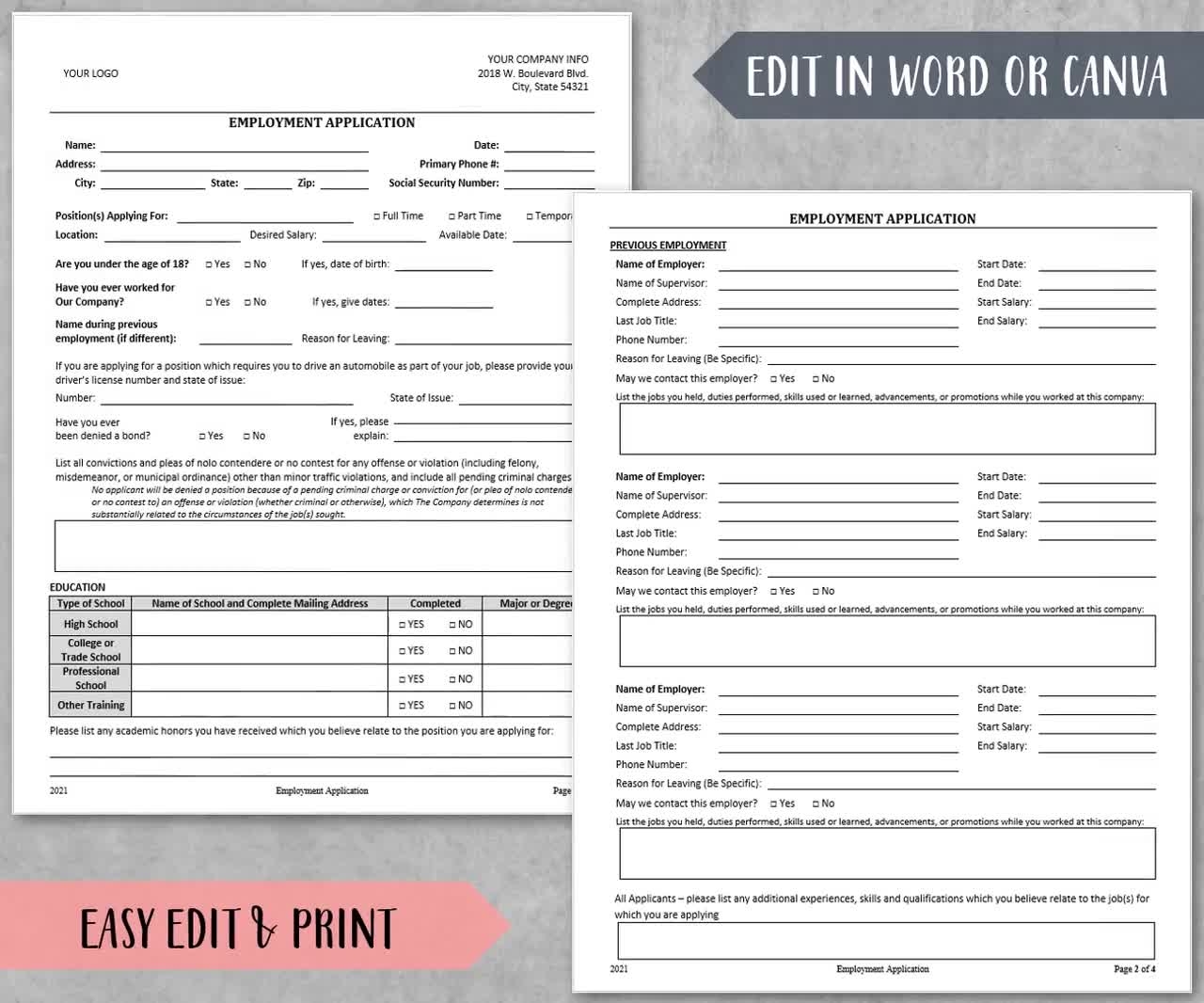 Employment Application Template 3 Page Layout Job Application Recruiting Onboarding Printable Editable Word Template 8 5x11 Etsy