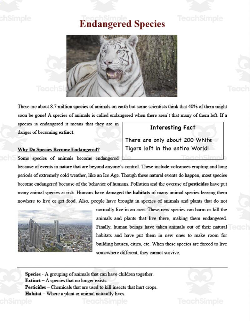 Endangered Species Reading Comprehension Article By Teach Simple