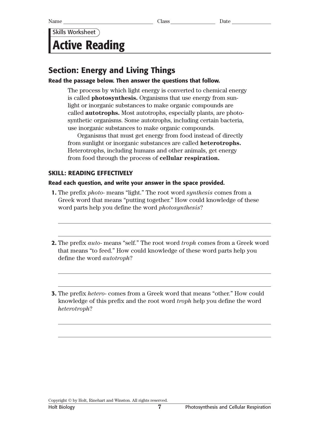 Energy Living Things Worksheet Photosynthesis Respiration