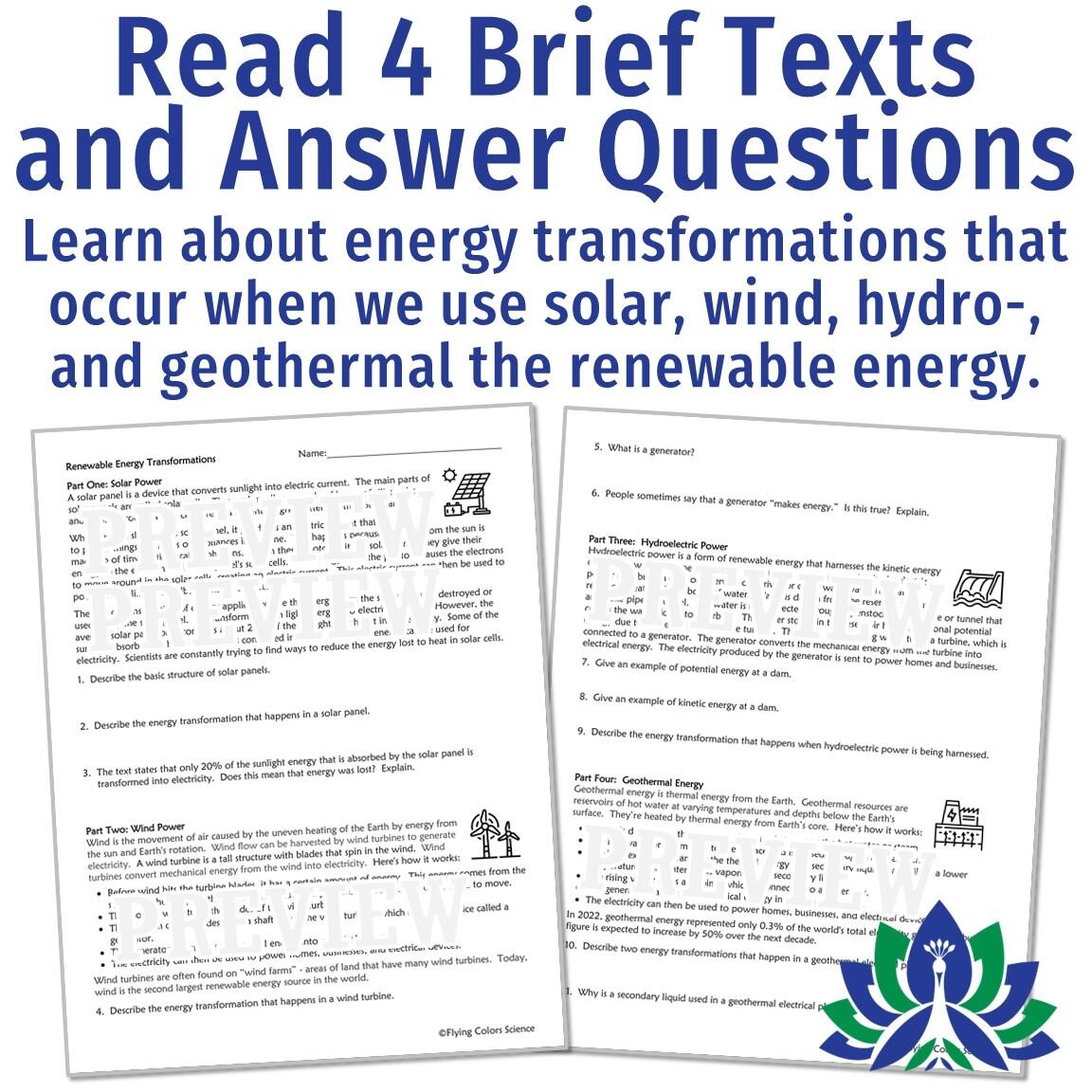 Energy Transformations Worksheet With Renewable Energy Flying Colors Science Energy Transformations Worksheet With Renewable Energy Flying Colors Science
