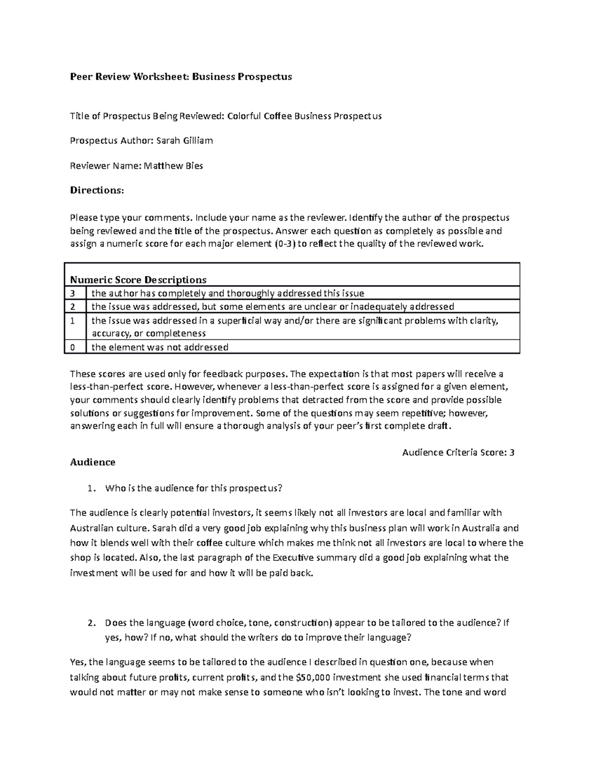ENG311 Prospectus Peer Review Worksheet Colorful Coffee Business Studocu