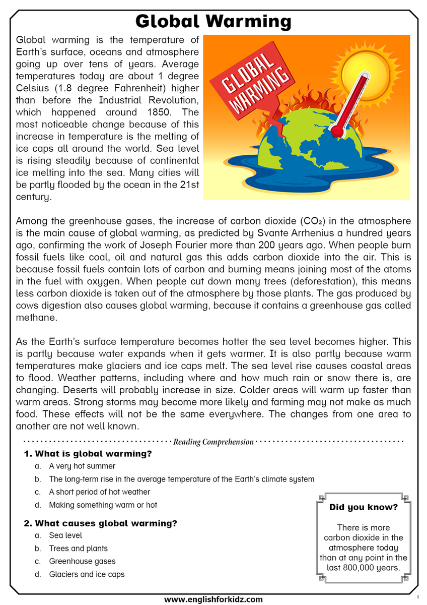 English For Kids Step By Step Global Warming Reading Comprehension Worksheets Flashcards