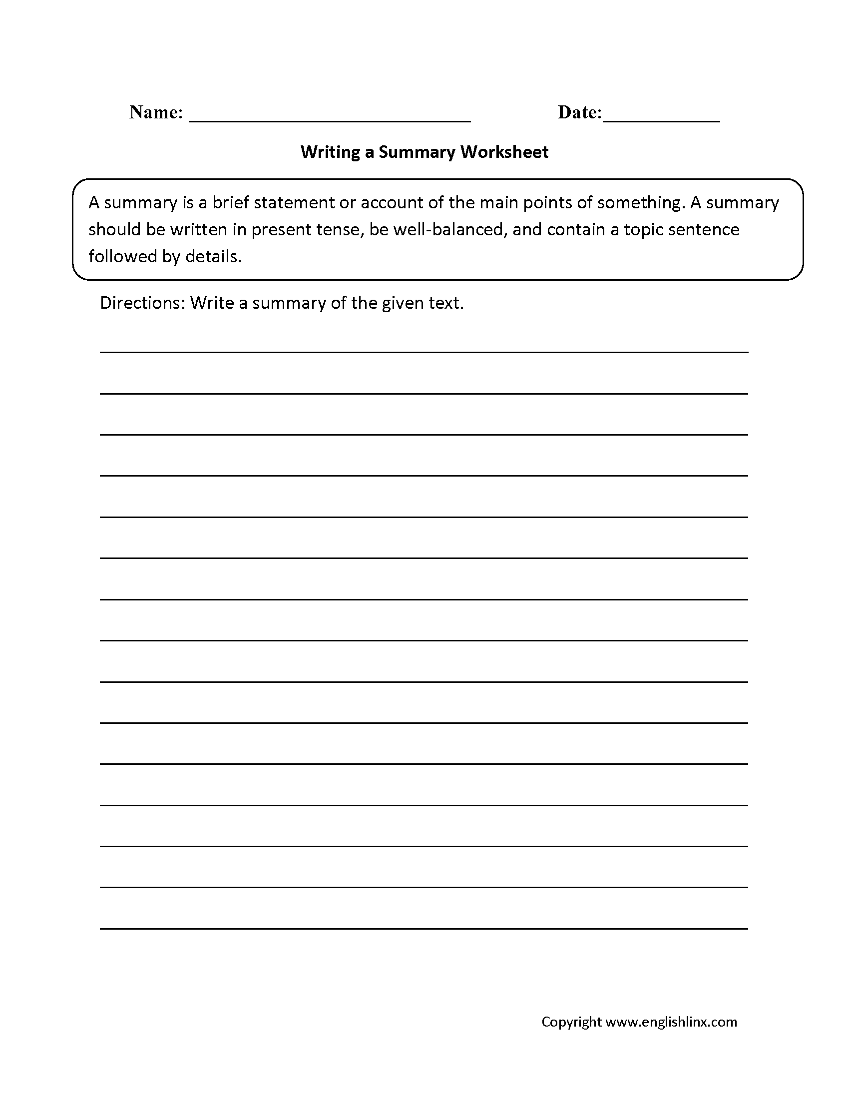 Englishlinx Summary Worksheets