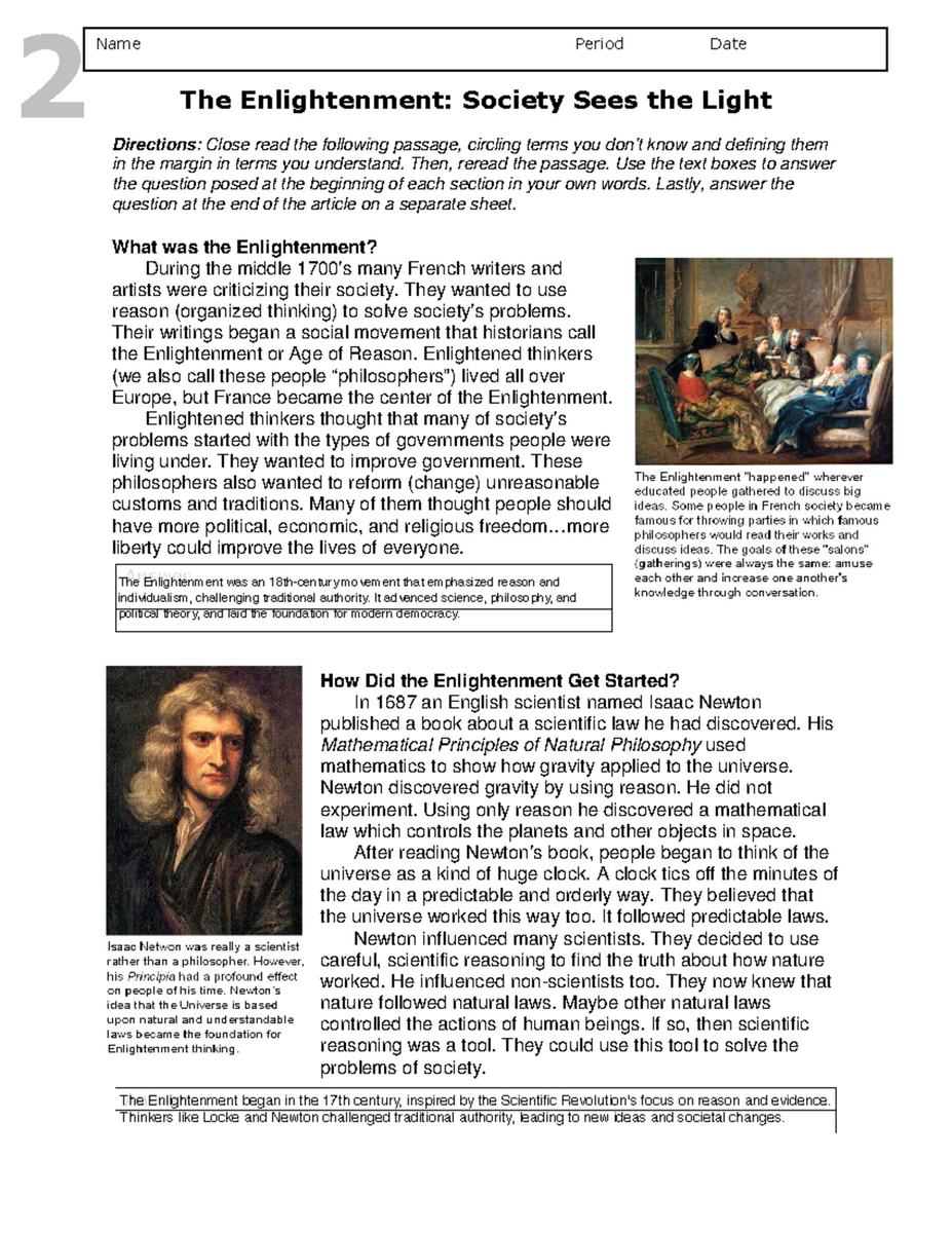 Enlightenment Worksheet Analyzing Influential Thinkers And Ideas Studocu