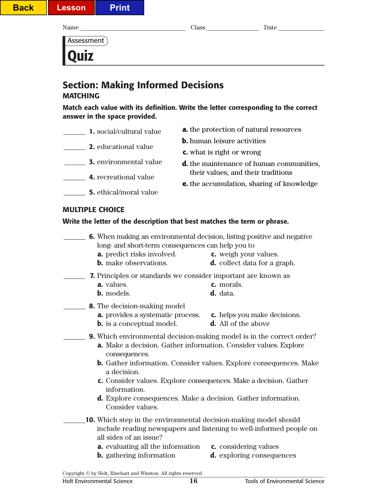 Environmental Decision Making Quiz Values Consequences