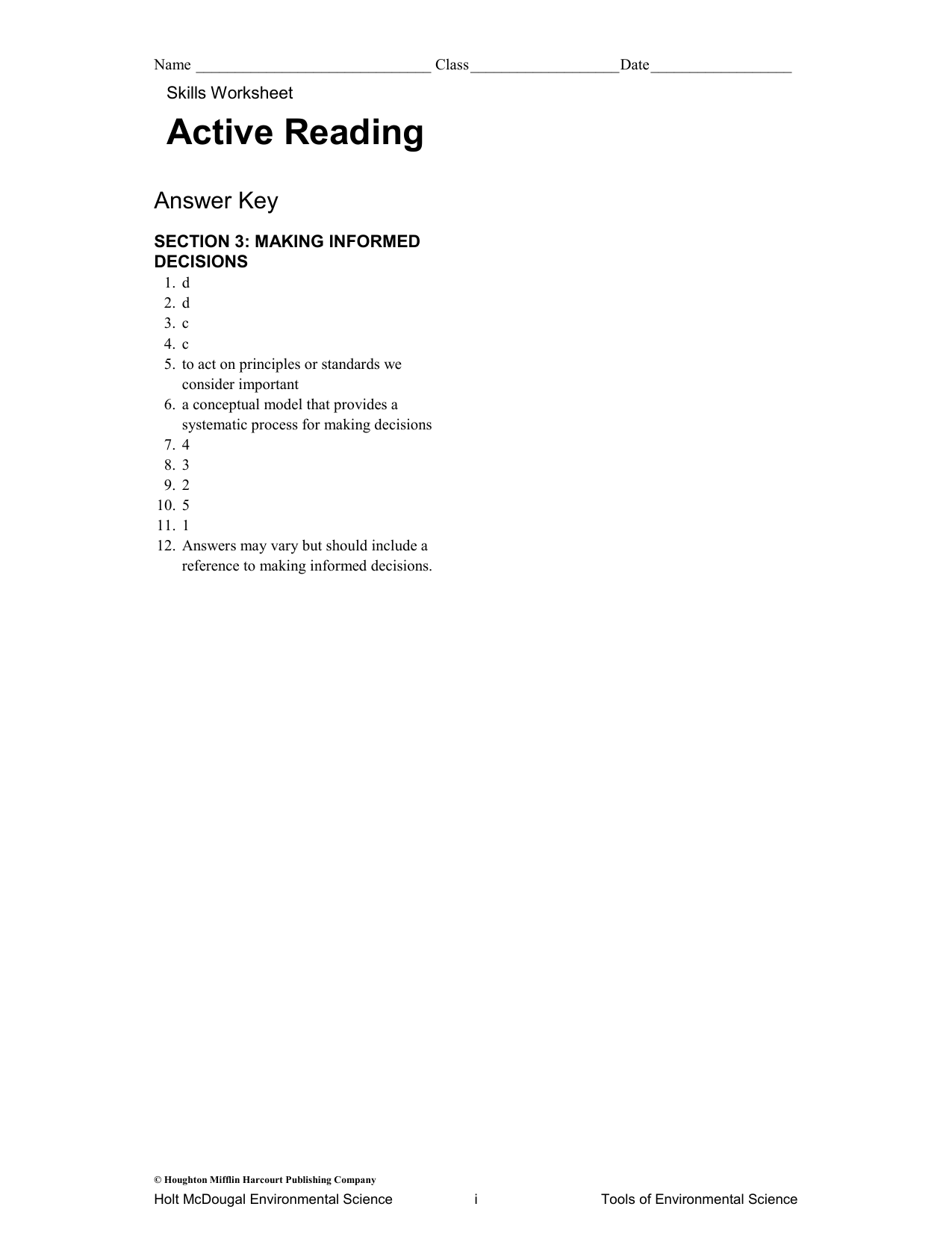 Environmental Science Informed Decisions Worksheet Key Environmental Science Informed Decisions Worksheet Key