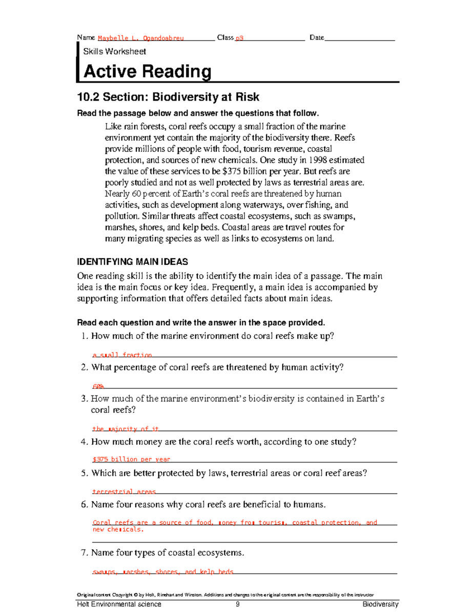 Environmental Science Q2 T07 Active Reading Biodiversity Overview Studocu