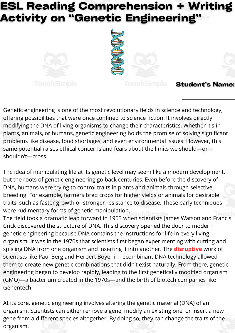 ESL Reading Comprehension Essay Worksheets On Genetic Engineering By Teach Simple