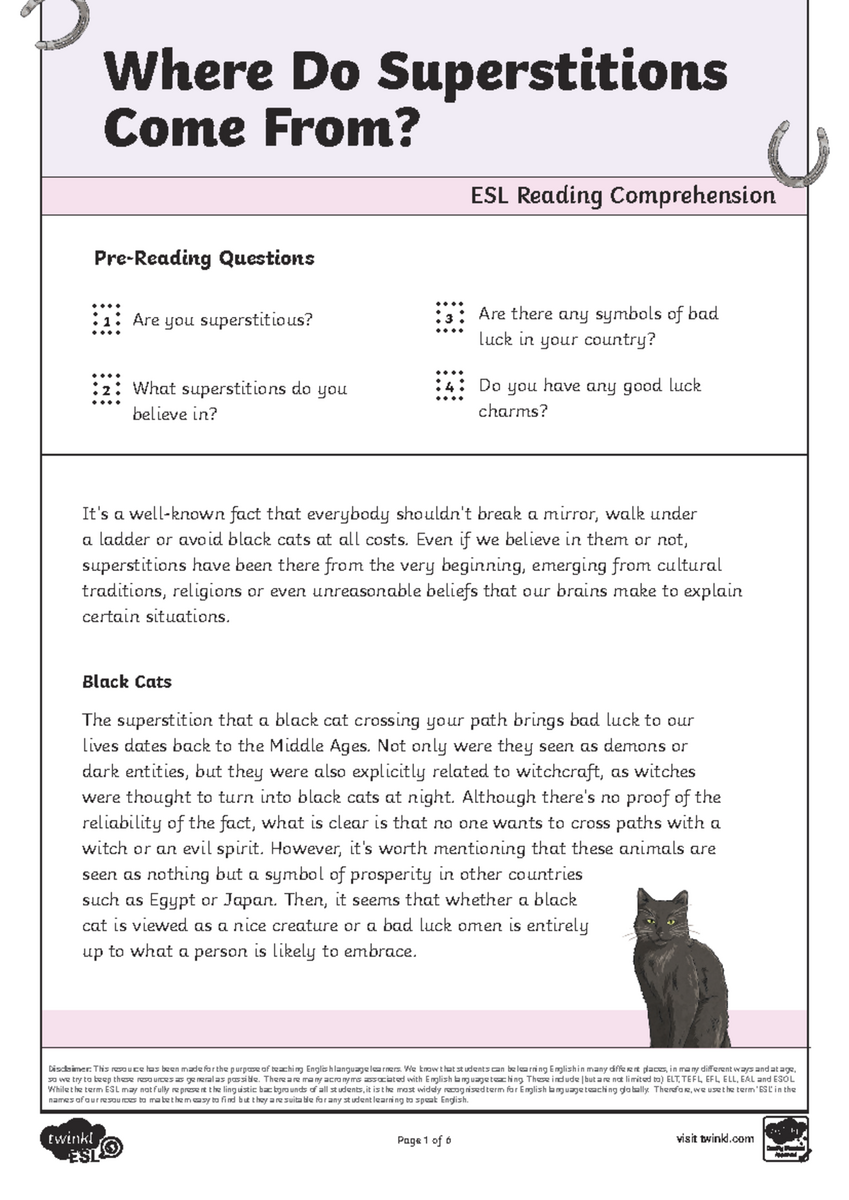 ESL Reading Comprehension Origins Of Superstitions And Beliefs Studocu
