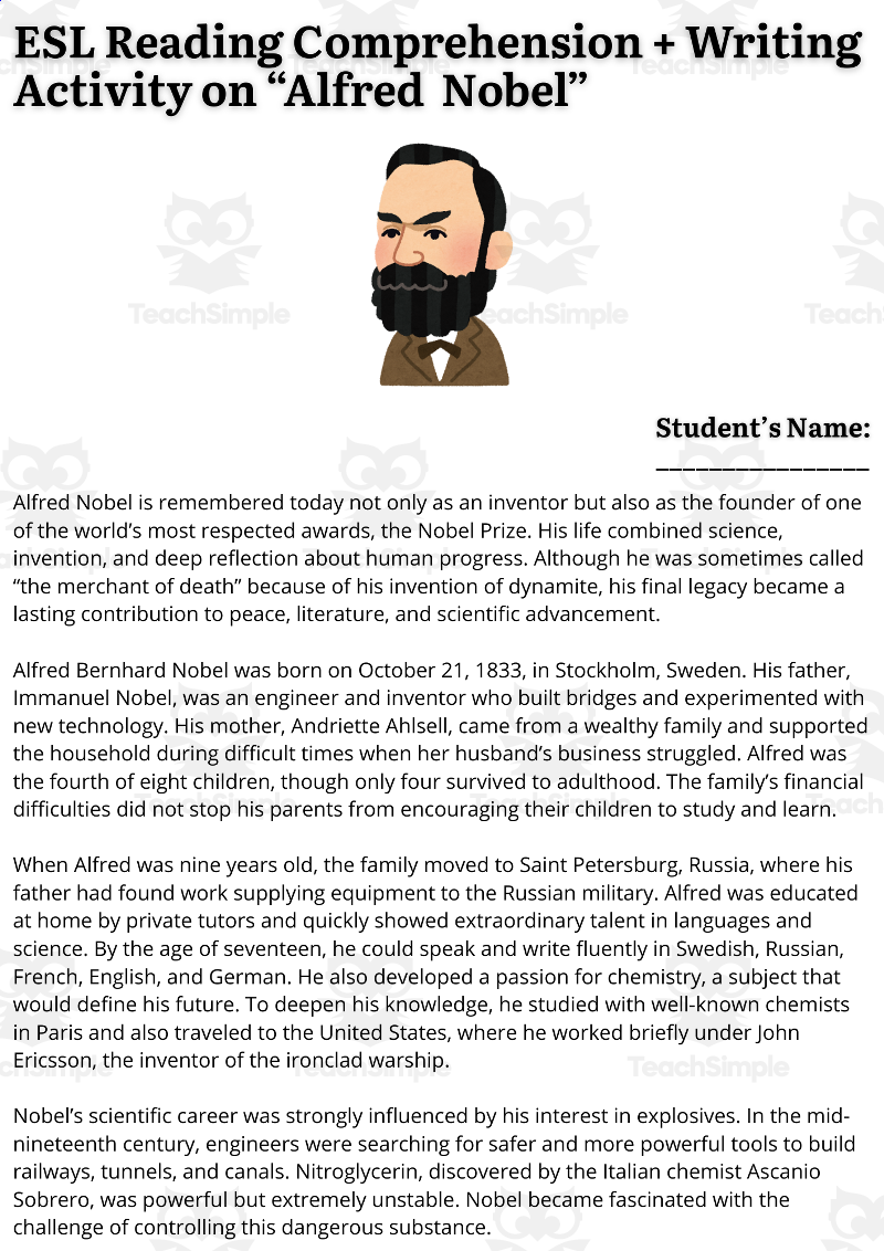 Alfred Nobel A Famous Inventor ESL Worksheet By Karasova