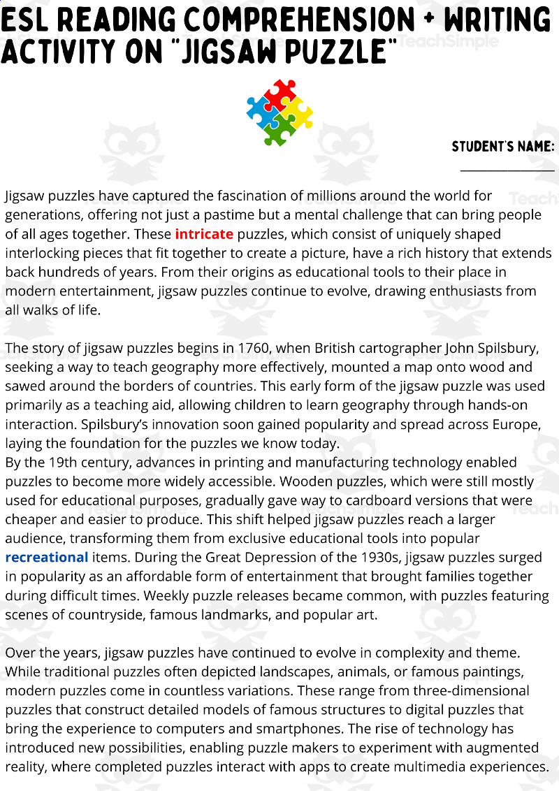 ESL Reading Comprehension Writing Activity Worksheet Jigsaw Puzzle By Teach Simple Jigsaw Reading Method Planning Guide By Teach Simple
