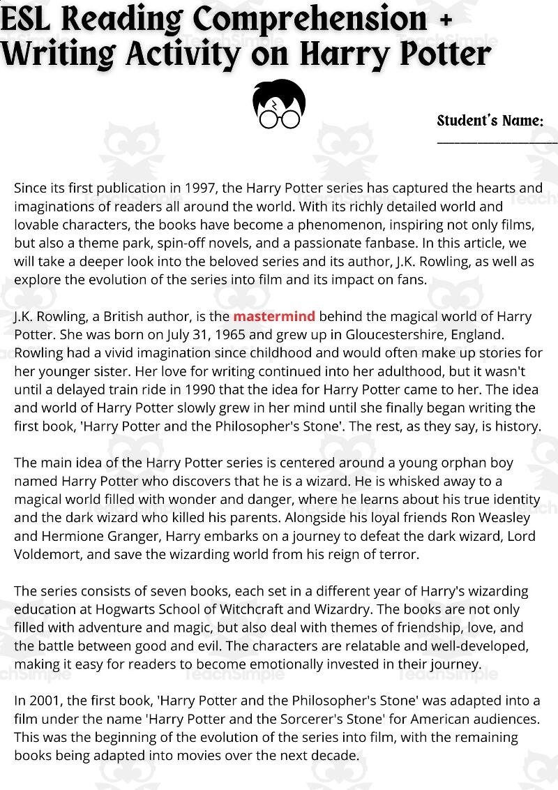 ESL Reading Comprehension Writing Activity Worksheet On Harry Potter By Teach Simple ESL Reading Comprehension Writing Activity Worksheet On Harry Potter By Teach Simple
