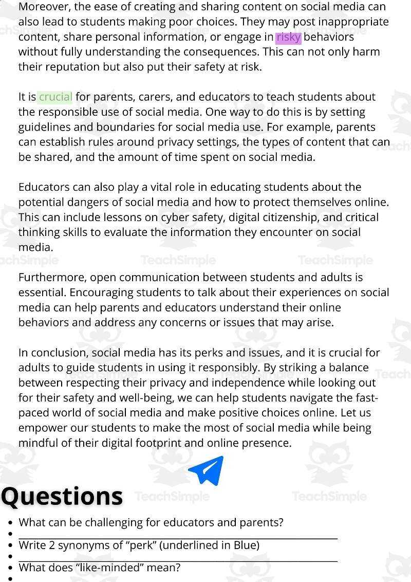 ESL Reading Comprehension Writing Activity Worksheet On Social Media By Teach Simple ESL Reading Comprehension Writing Activity Worksheet On Social Media By Teach Simple