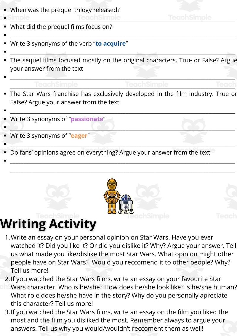 ESL Reading Comprehension Writing Activity Worksheet On Star Wars By Teach Simple ESL Reading Comprehension Writing Activity Worksheet On Star Wars By Teach Simple