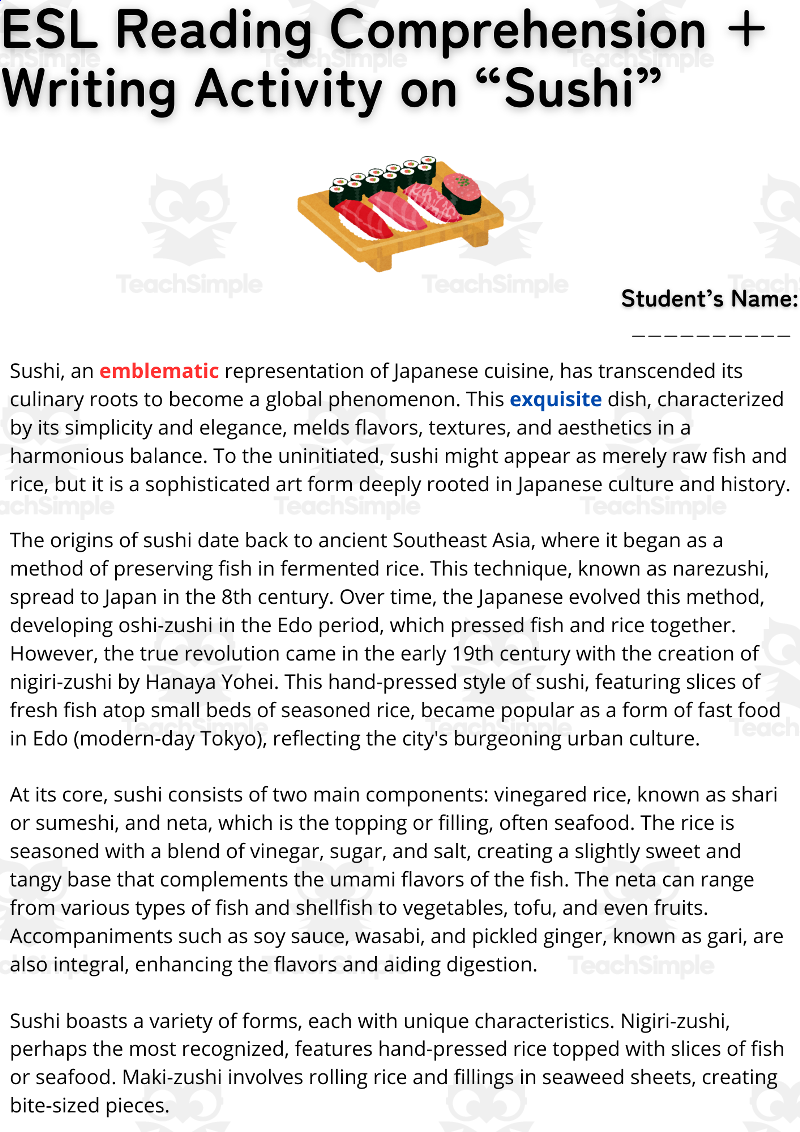 ESL Reading Comprehension Writing Activity Worksheet Sushi Japan By Teach Simple