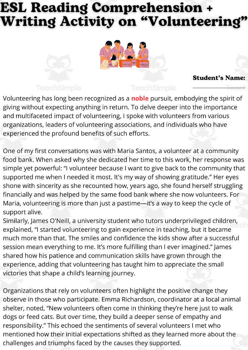 ESL Reading Comprehension Writing Activity Worksheet Volunteering By Teach Simple